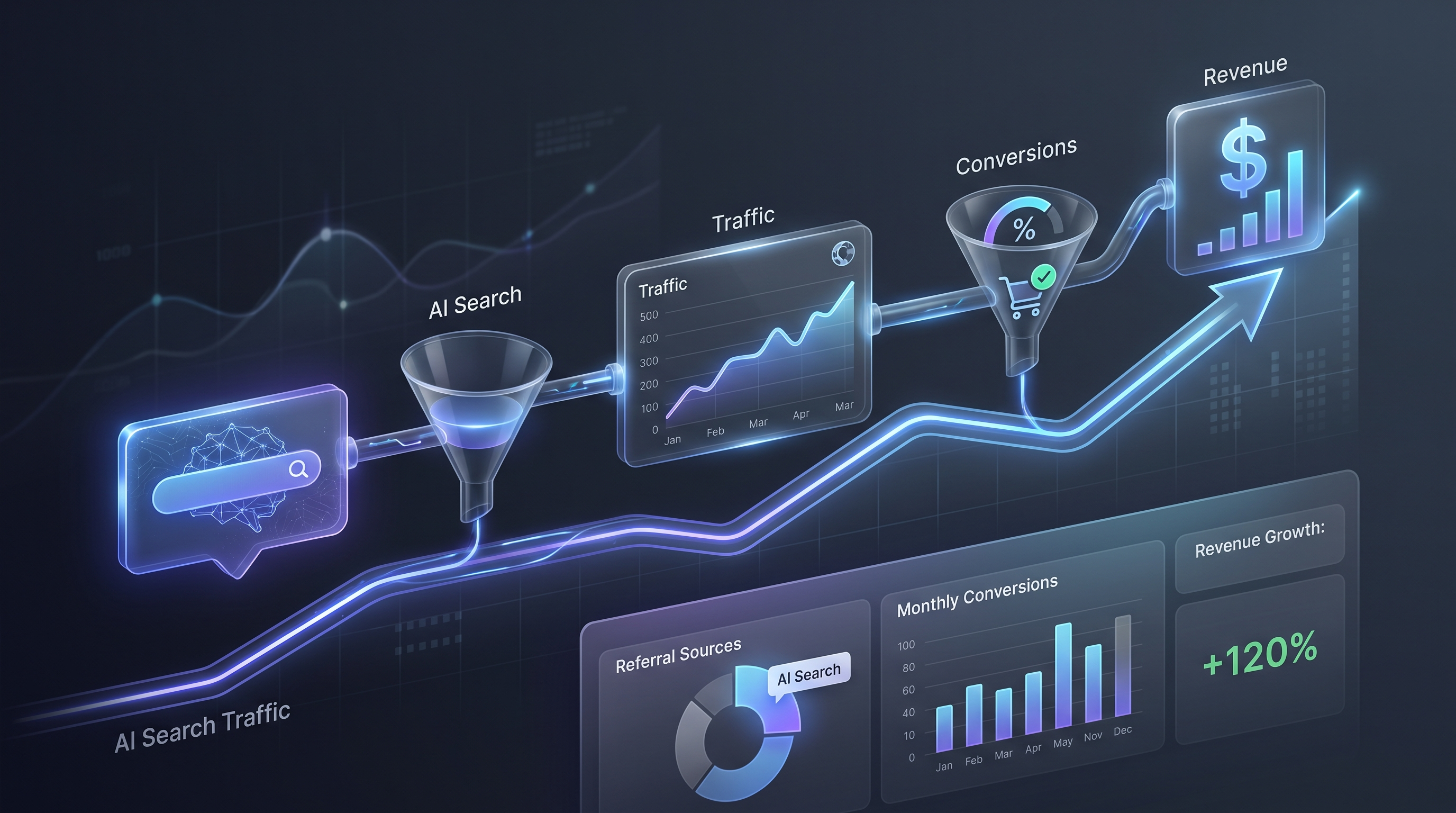 Analytics dashboard showing an upward trending graph with AI search traffic converting to revenue through a funnel visualization with glowing metrics.
