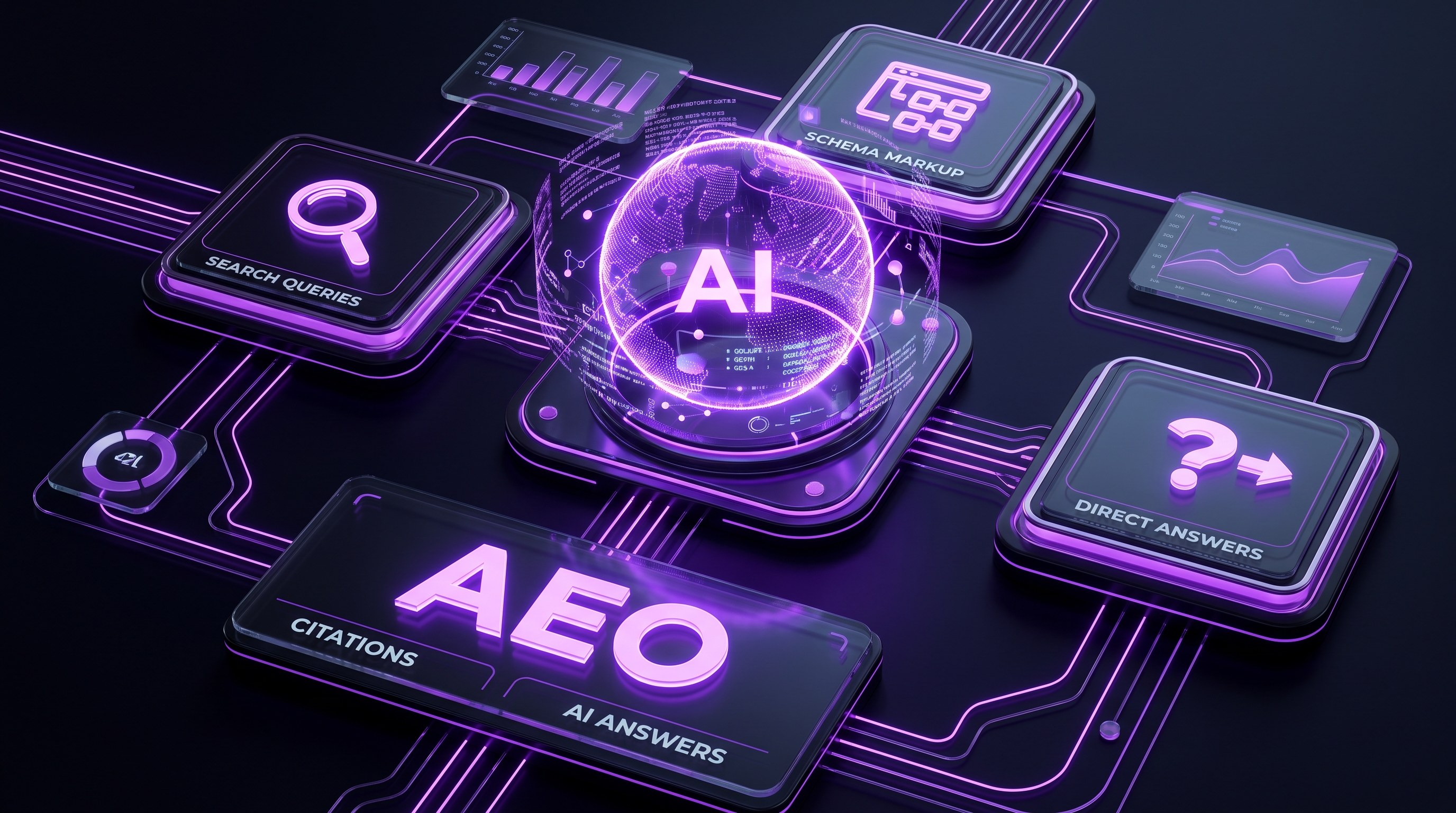 A holographic AI engine sphere glows at the center of a high-tech interface with neon purple circuits and dark glass modules labeled with AEO concepts against a black background.