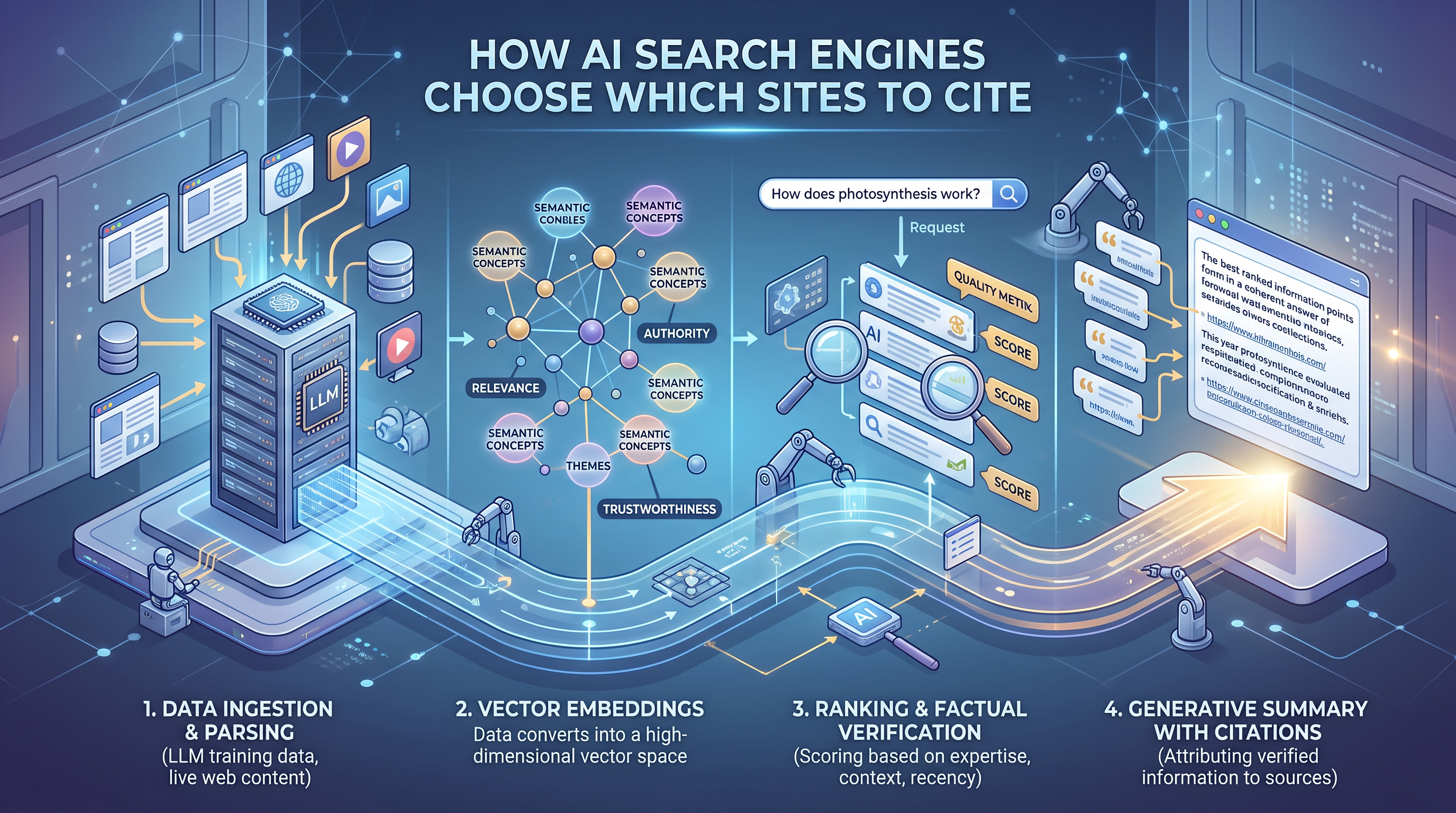 A digital interface showing multiple website sources being filtered and ranked by an AI algorithm with highlighted citations.