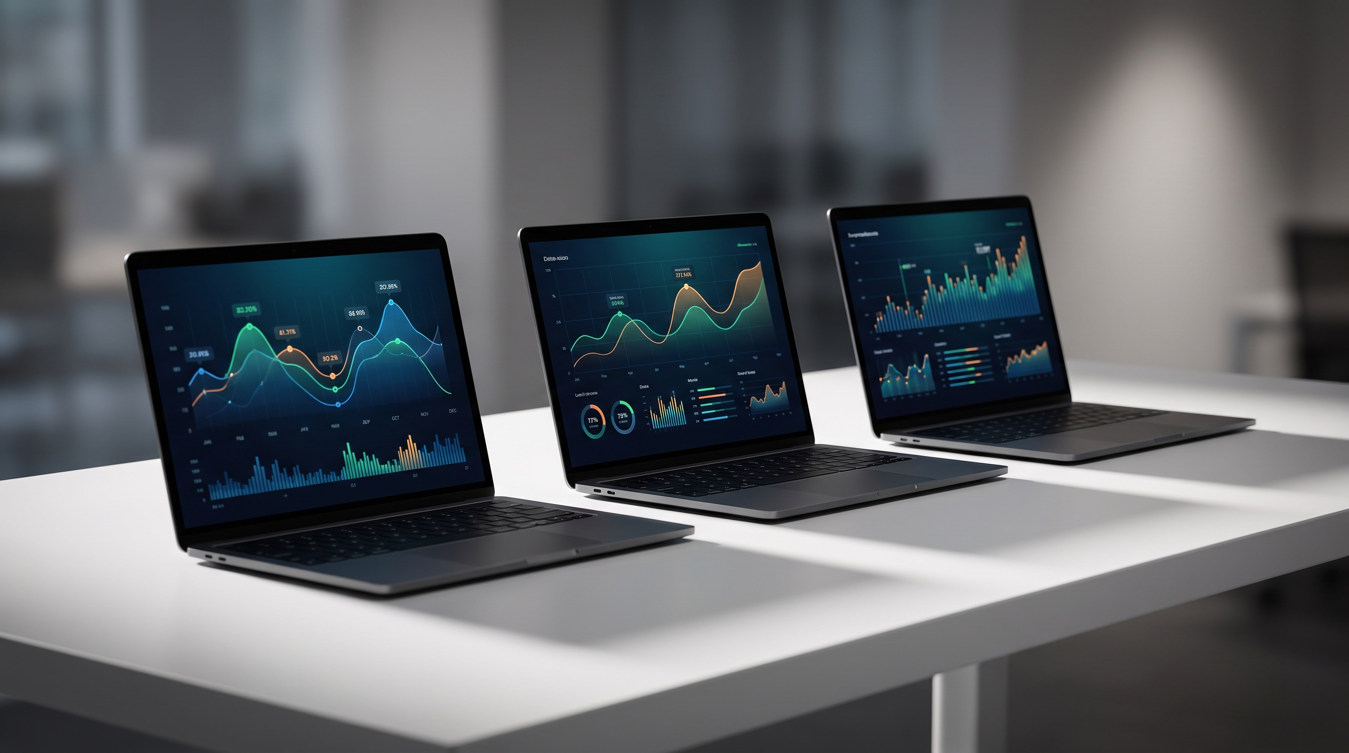 Three laptops displaying colorful data dashboards and graphs on a white desk.