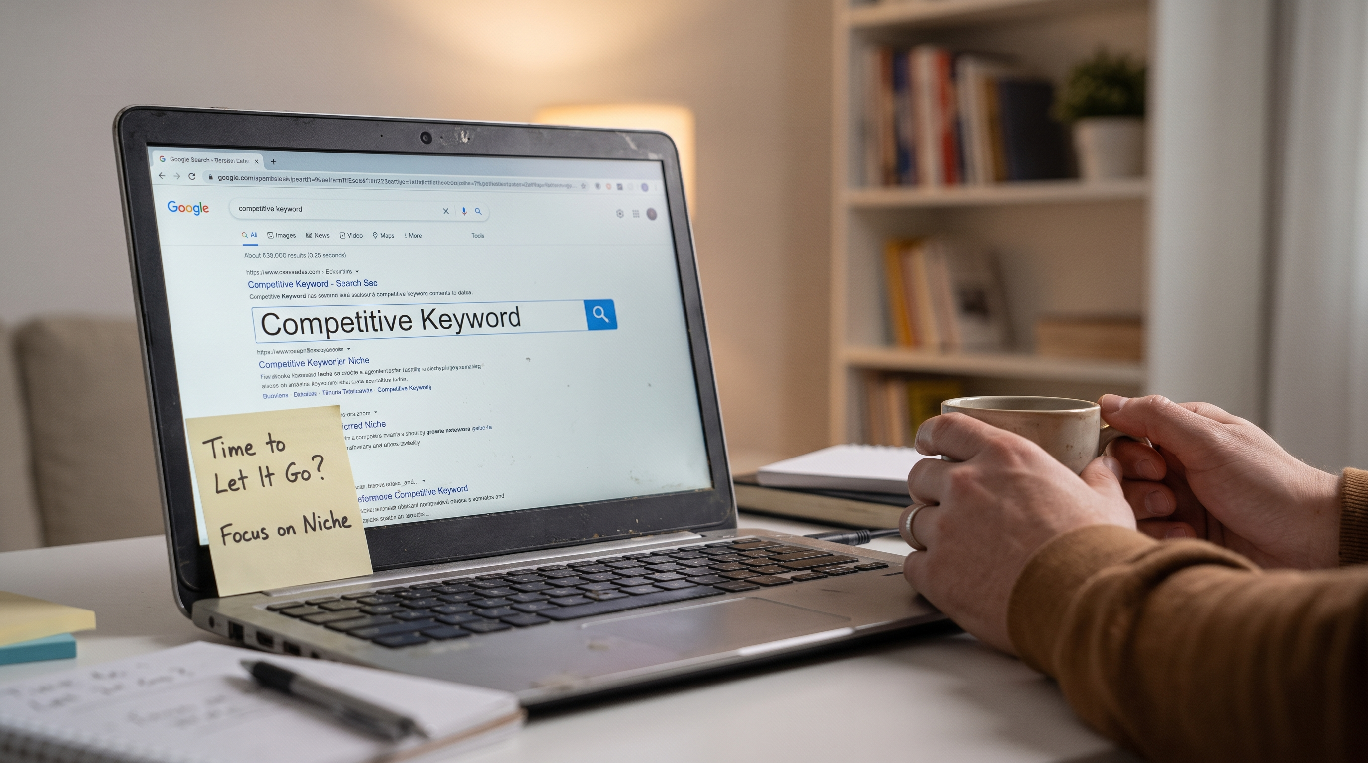 A frustrated person staring at a computer screen showing poor search rankings for their target keyword.