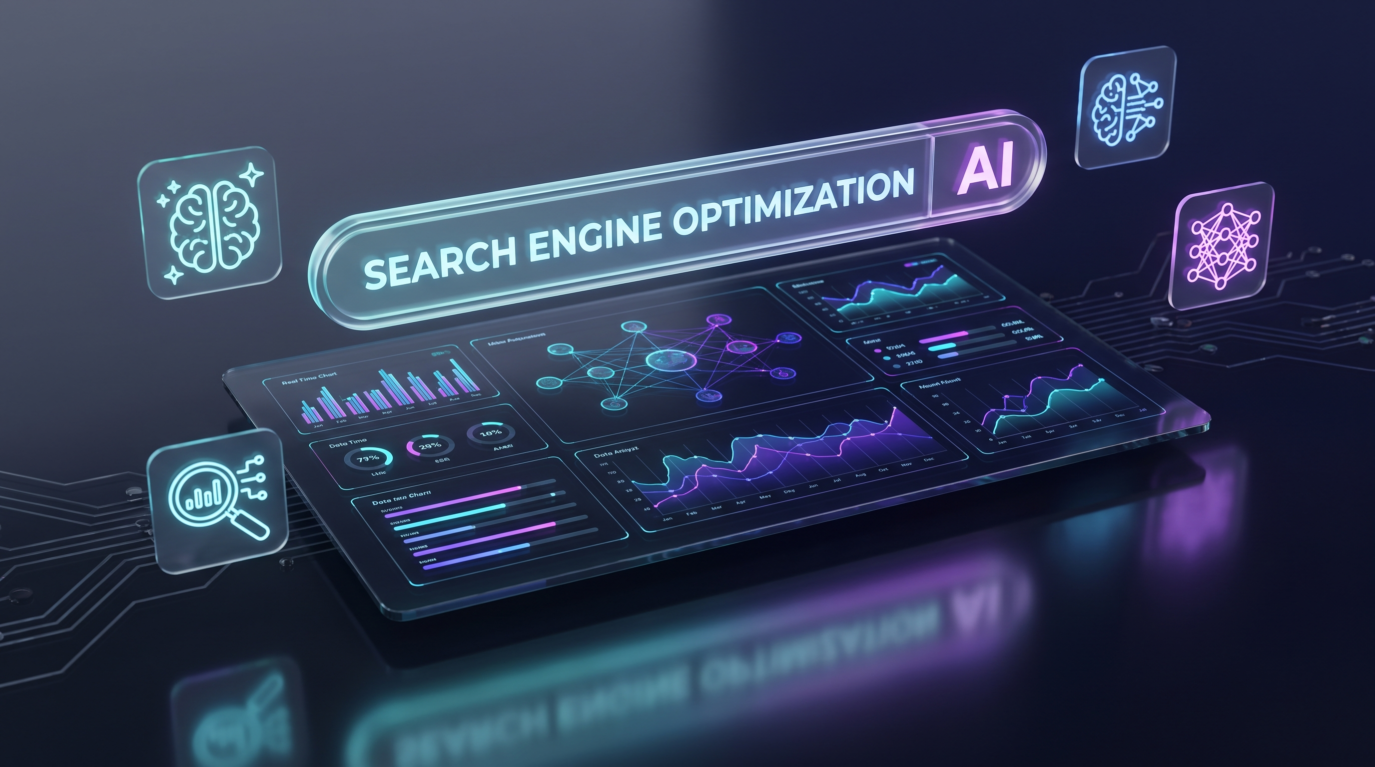 A futuristic digital dashboard with a glowing search bar surrounded by interconnected charts, network nodes, and holographic AI icons in cyan and purple tones.