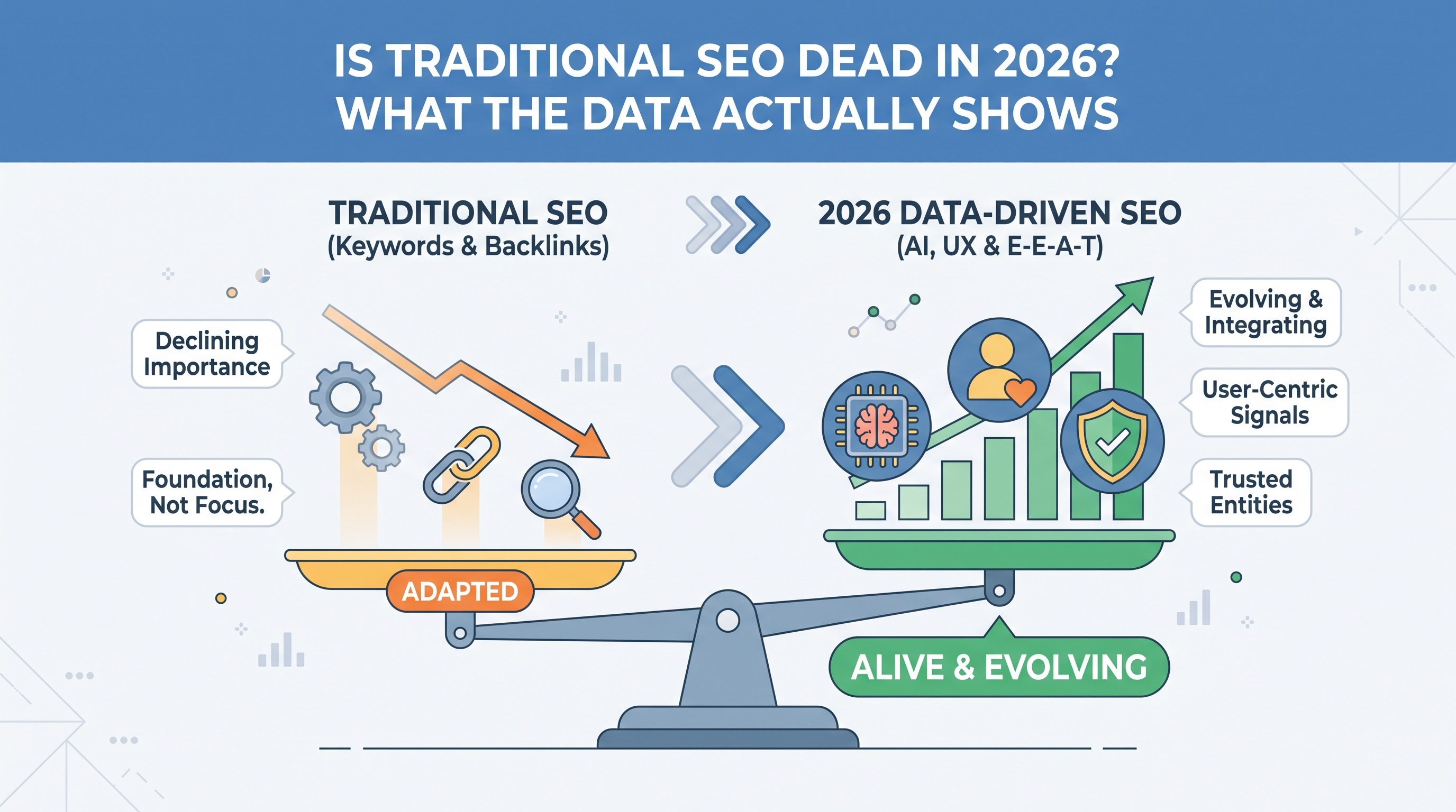 Graph showing website traffic trends and SEO metrics comparing 2024 to 2026 data points.